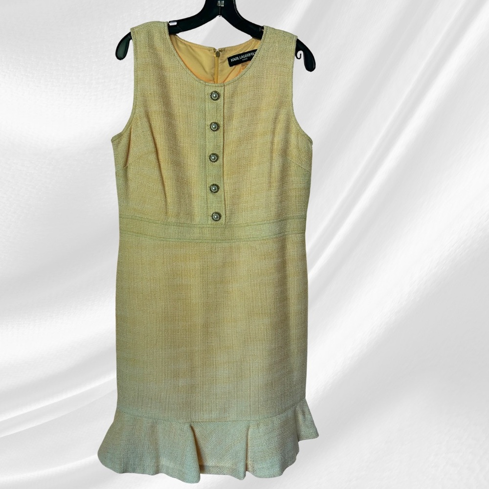 Karl Lagerfeld Butter Yellow Sleeveless Dress with Ruffle Detail & Pearl Buttons